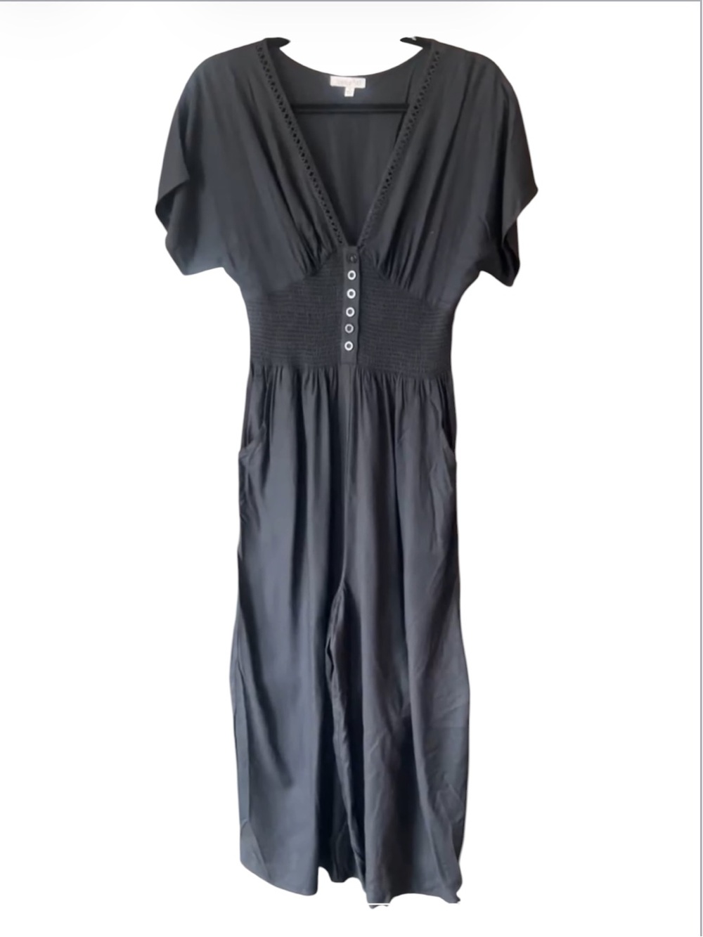 Patrons of Peace Black Wide Leg Cropped Jumpsuit Smocked Waist V-Neck Size S